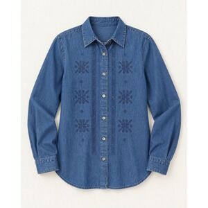Talbots Vintage Blue Denim Embroidered Floral Button Down Shirt Coastal Cowgirl
